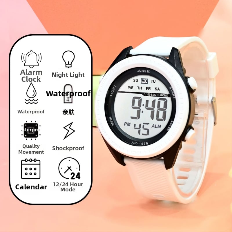 Unisex elektroniskais pulkstenis ar digitālo displeju, 30M ūdensizturīgs, cifernika diametrs 45 mm, TPU siksna, ABS korpuss, studentiem