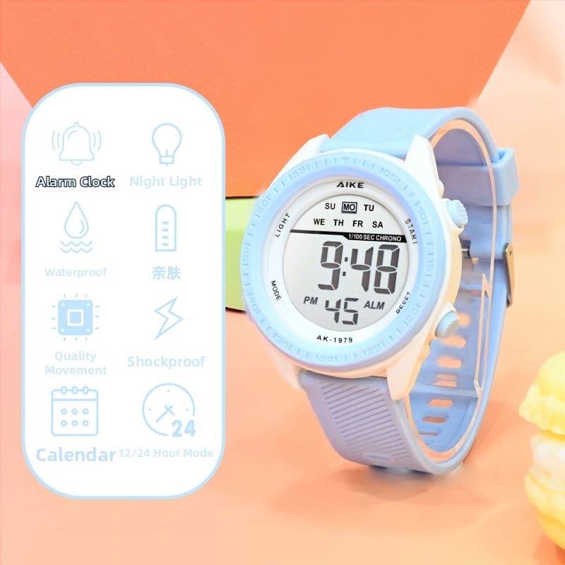 Unisex elektroniskais pulkstenis ar digitālo displeju, 30M ūdensizturīgs, cifernika diametrs 45 mm, TPU siksna, ABS korpuss, studentiem