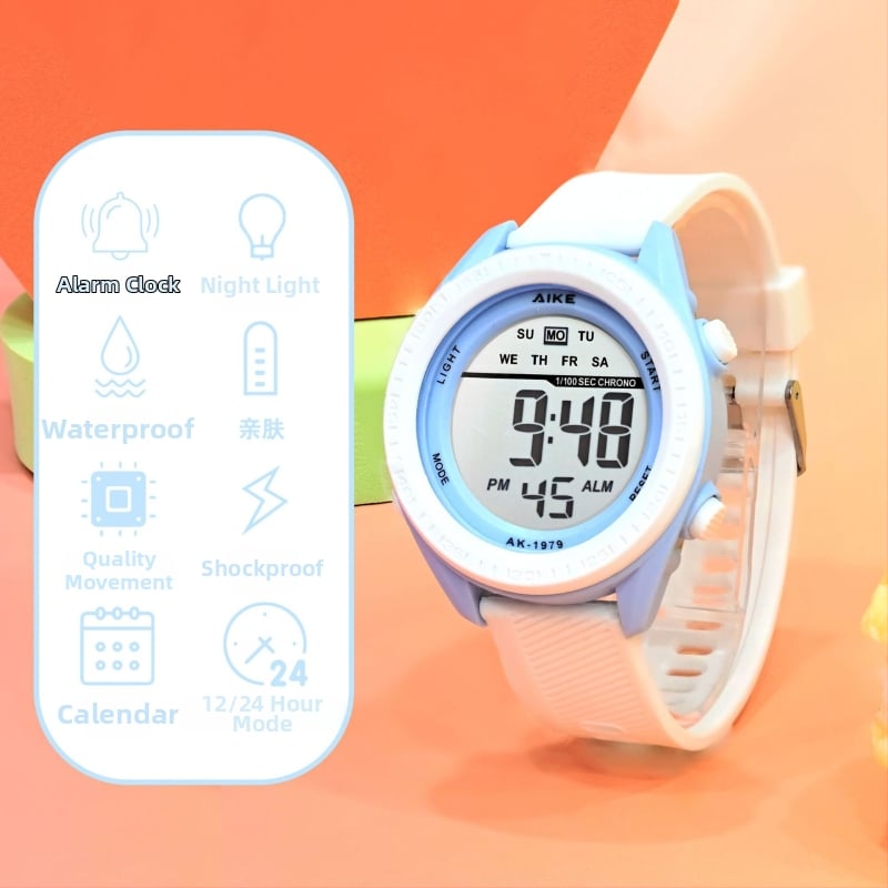 Unisex elektroniskais pulkstenis ar digitālo displeju, 30M ūdensizturīgs, cifernika diametrs 45 mm, TPU siksna, ABS korpuss, studentiem