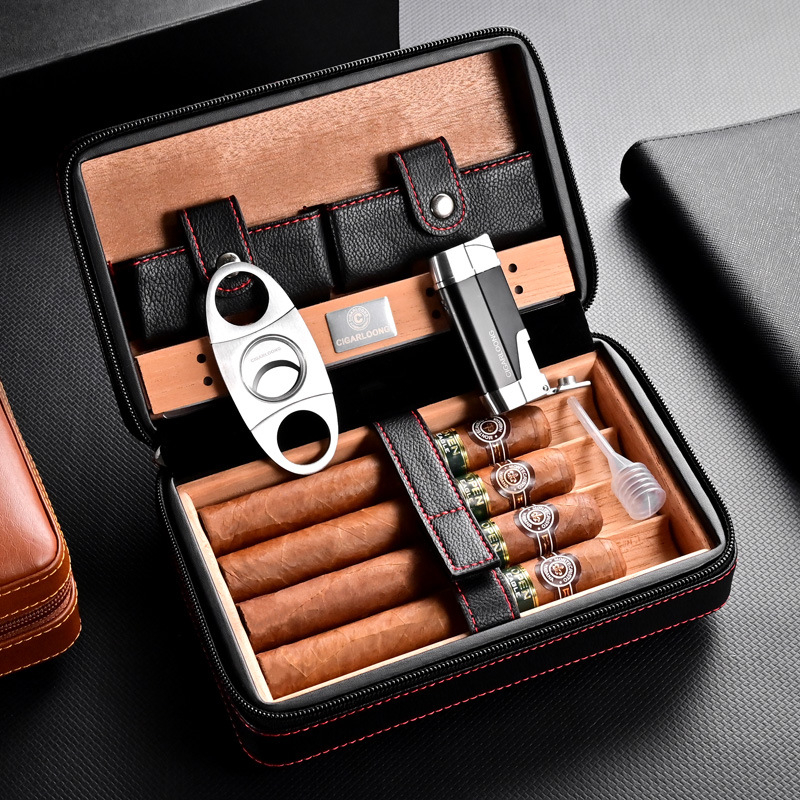 Pārvadājamais cigāru komplekts: cedru koka mitrinošā kārba, cigāru šķēres, vēja drošs aizdedzinātājs (četru daļu komplekts)