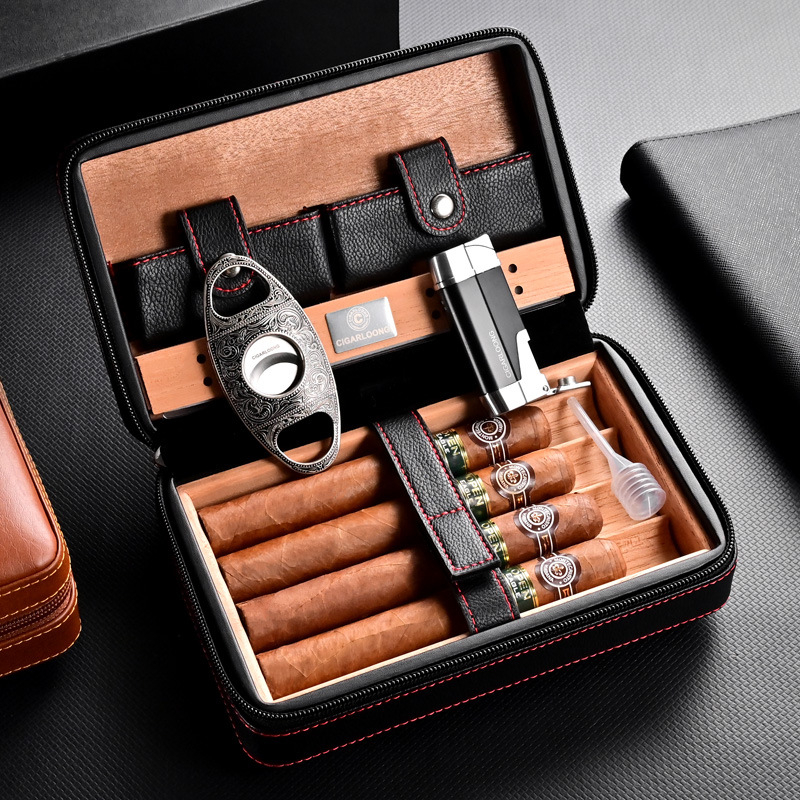 Pārvadājamais cigāru komplekts: cedru koka mitrinošā kārba, cigāru šķēres, vēja drošs aizdedzinātājs (četru daļu komplekts)