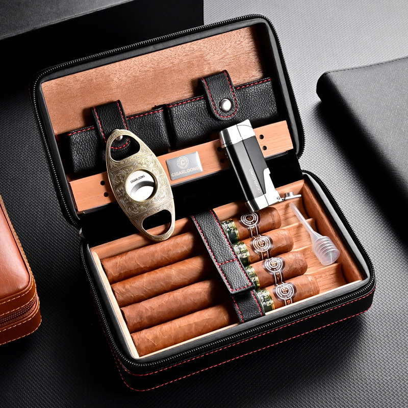 Pārvadājamais cigāru komplekts: cedru koka mitrinošā kārba, cigāru šķēres, vēja drošs aizdedzinātājs (četru daļu komplekts)