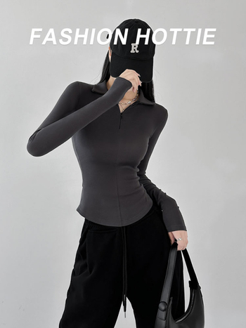 Naiste pikkade varrukatega puuvillane T-särk polo kaelusega, Merceriseeritud, Slim fit, puuvill-elastaan 90–95%