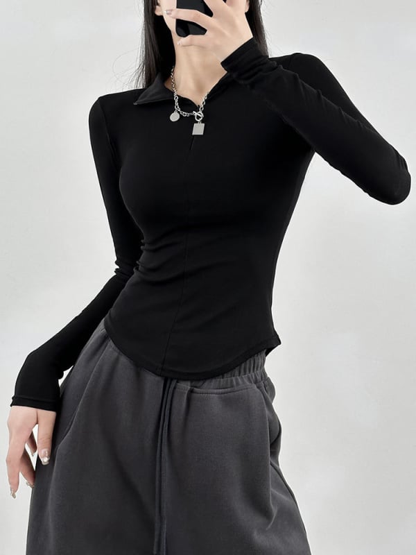 Naiste pikkade varrukatega puuvillane T-särk polo kaelusega, Merceriseeritud, Slim fit, puuvill-elastaan 90–95%