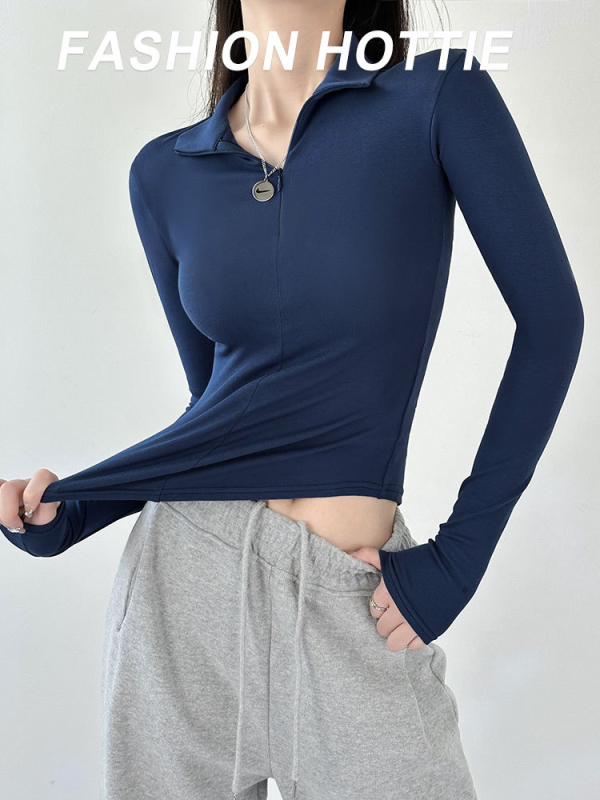 Naiste pikkade varrukatega puuvillane T-särk polo kaelusega, Merceriseeritud, Slim fit, puuvill-elastaan 90–95%