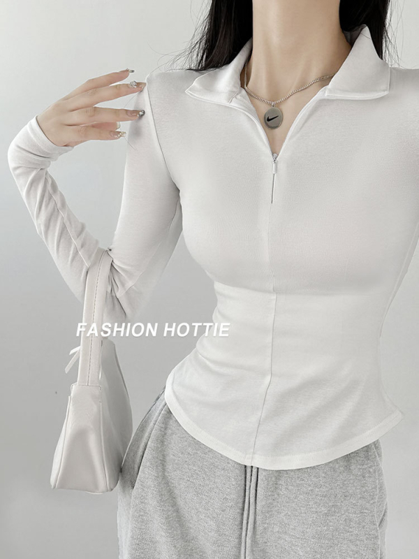 Naiste pikkade varrukatega puuvillane T-särk polo kaelusega, Merceriseeritud, Slim fit, puuvill-elastaan 90–95%