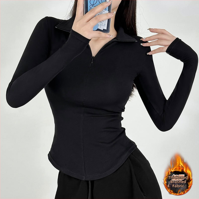 Naiste pikkade varrukatega puuvillane T-särk polo kaelusega, Merceriseeritud, Slim fit, puuvill-elastaan 90–95%