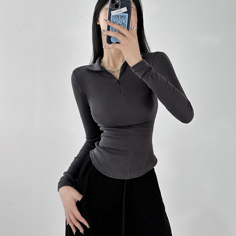 Naiste pikkade varrukatega puuvillane T-särk polo kaelusega, Merceriseeritud, Slim fit, puuvill-elastaan 90–95%