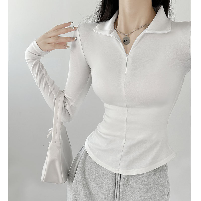 Naiste pikkade varrukatega puuvillane T-särk polo kaelusega, Merceriseeritud, Slim fit, puuvill-elastaan 90–95%