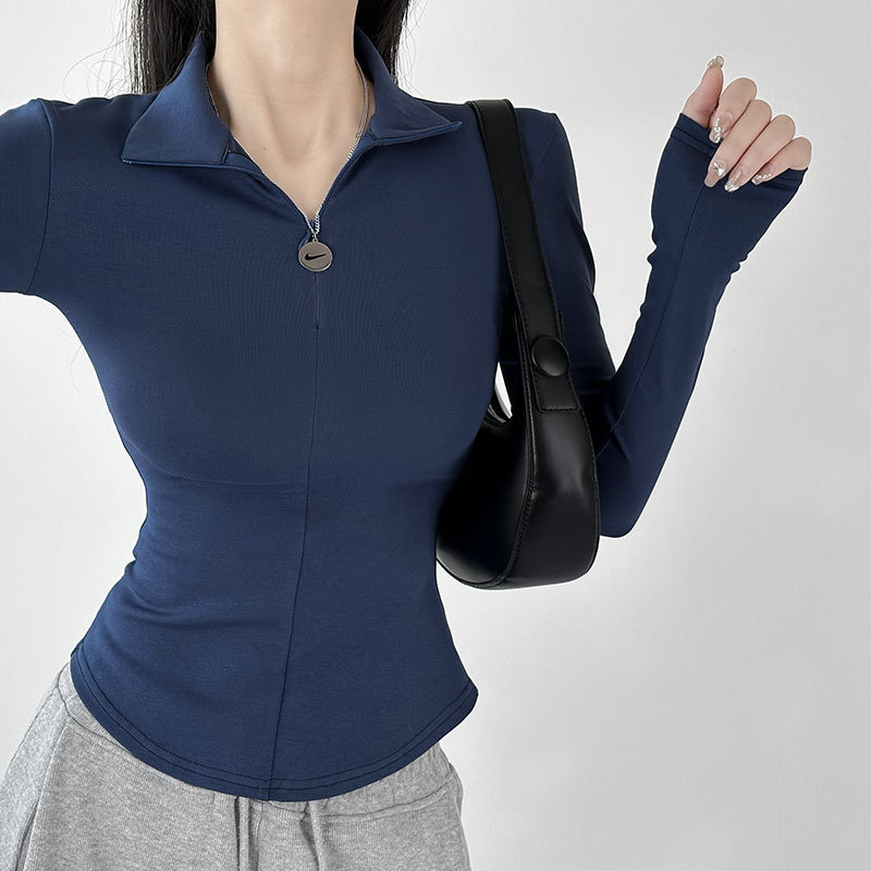 Naiste pikkade varrukatega puuvillane T-särk polo kaelusega, Merceriseeritud, Slim fit, puuvill-elastaan 90–95%