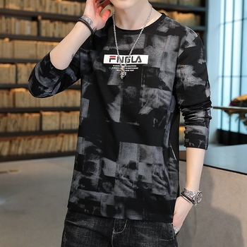 Мъжки дълъг ръкав T-шърт, свободна кройка, полиестерен плат, кръгло деколте, тънък стил, за есен