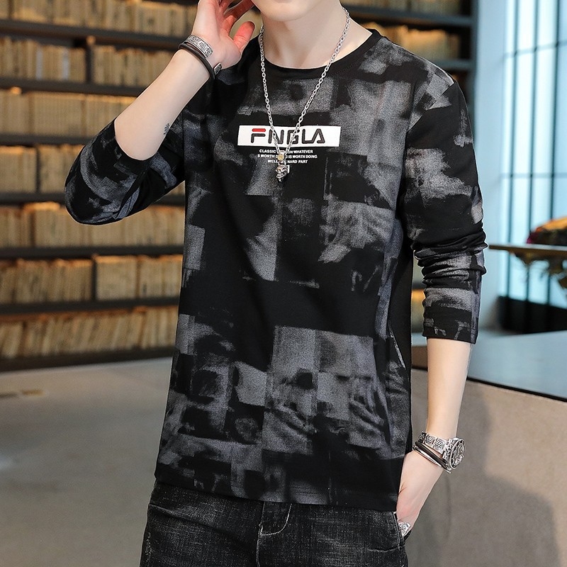 Мъжки дълъг ръкав T-шърт, свободна кройка, полиестерен плат, кръгло деколте, тънък стил, за есен