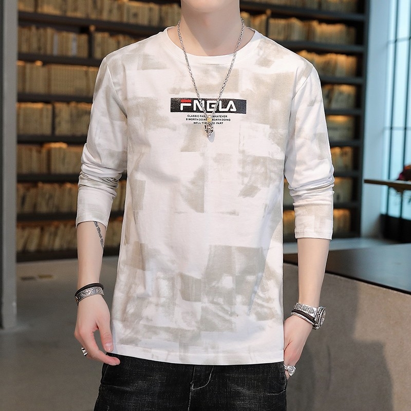 Мъжки дълъг ръкав T-шърт, свободна кройка, полиестерен плат, кръгло деколте, тънък стил, за есен