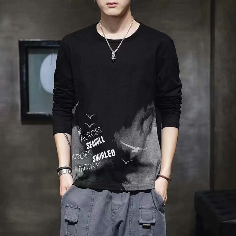 Мъжки дълъг ръкав T-шърт, свободна кройка, полиестерен плат, кръгло деколте, тънък стил, за есен
