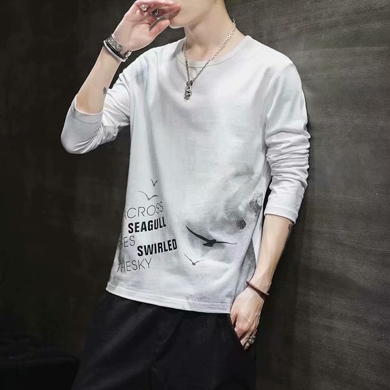 Мъжки дълъг ръкав T-шърт, свободна кройка, полиестерен плат, кръгло деколте, тънък стил, за есен
