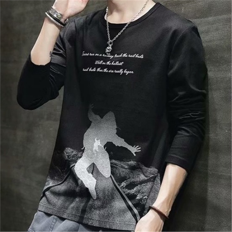 Мъжки дълъг ръкав T-шърт, свободна кройка, полиестерен плат, кръгло деколте, тънък стил, за есен