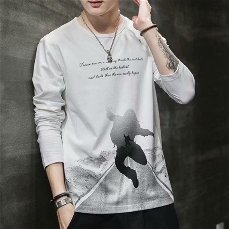 Мъжки дълъг ръкав T-шърт, свободна кройка, полиестерен плат, кръгло деколте, тънък стил, за есен