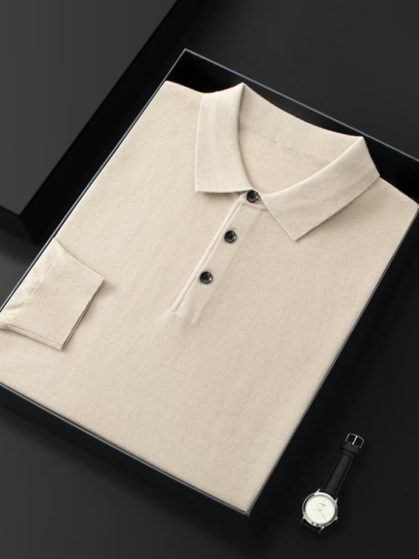 Поло риза от вълнена смес с яка поло, дълги ръкави, свободен силует, worsted тъкан, подходяща за пролет и есен