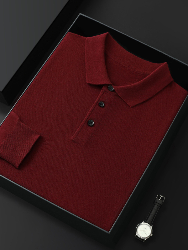 Поло риза от вълнена смес с яка поло, дълги ръкави, свободен силует, worsted тъкан, подходяща за пролет и есен