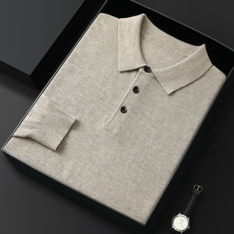 Поло риза от вълнена смес с яка поло, дълги ръкави, свободен силует, worsted тъкан, подходяща за пролет и есен