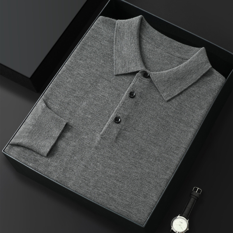Поло риза от вълнена смес с яка поло, дълги ръкави, свободен силует, worsted тъкан, подходяща за пролет и есен