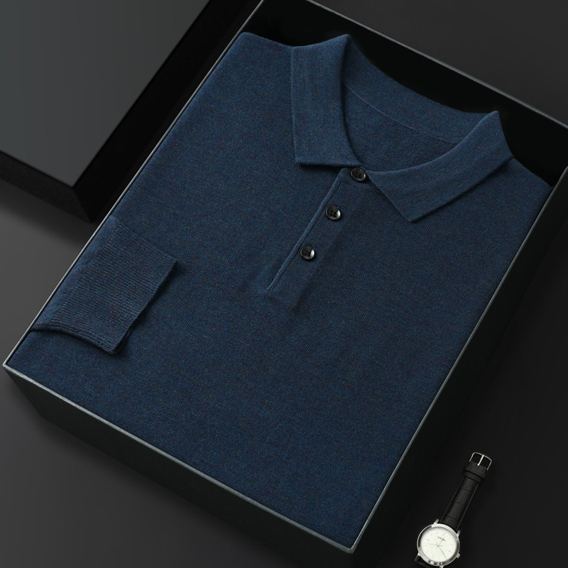 Поло риза от вълнена смес с яка поло, дълги ръкави, свободен силует, worsted тъкан, подходяща за пролет и есен