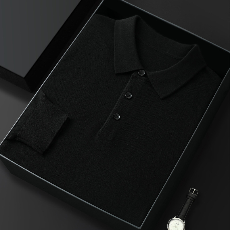 Поло риза от вълнена смес с яка поло, дълги ръкави, свободен силует, worsted тъкан, подходяща за пролет и есен
