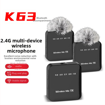 K63 bezvadu lavalier mikrofons, Bluetooth 5.2, frekvenču diapazons 20 Hz–20 kHz, SNR ≥75 dB, kanāls 2.1, darbības laiks 8–12 h