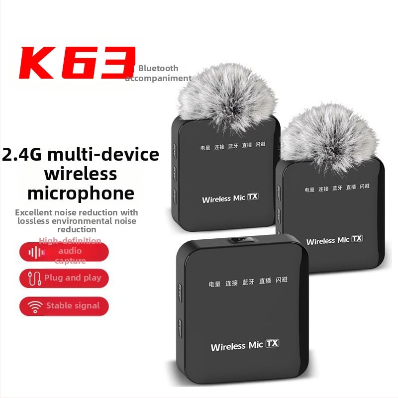 K63 bezvadu lavalier mikrofons, Bluetooth 5.2, frekvenču diapazons 20 Hz–20 kHz, SNR ≥75 dB, kanāls 2.1, darbības laiks 8–12 h