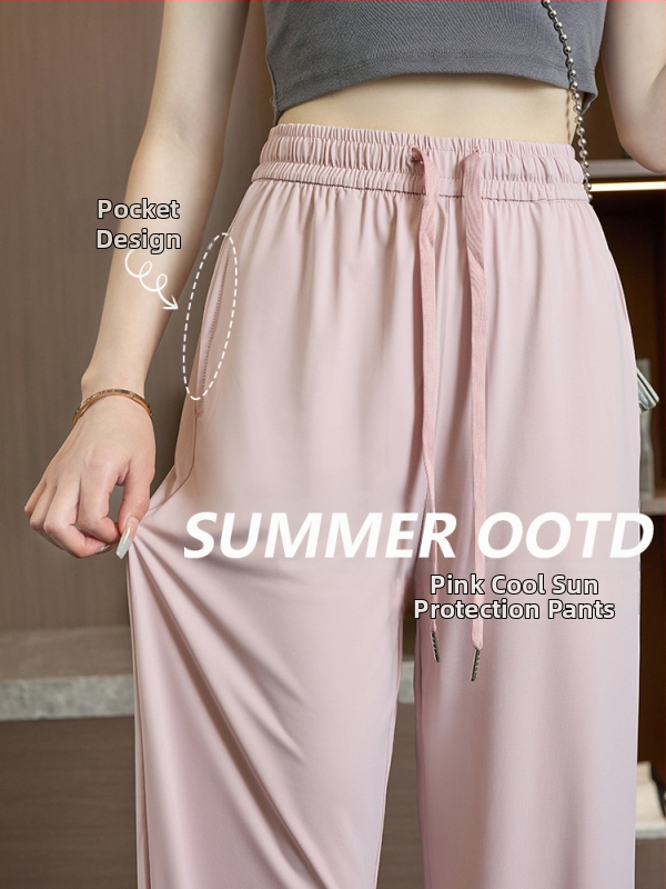 Pantaloni largi pentru femei, talie înaltă, vară, respirabili și uscare rapidă, poliester cu elastan, țesătură subțire