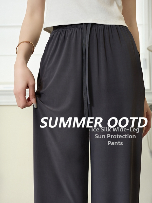 Pantaloni largi pentru femei, talie înaltă, vară, respirabili și uscare rapidă, poliester cu elastan, țesătură subțire