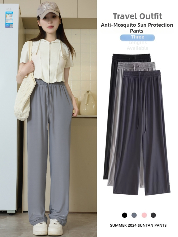 Pantaloni largi pentru femei, talie înaltă, vară, respirabili și uscare rapidă, poliester cu elastan, țesătură subțire