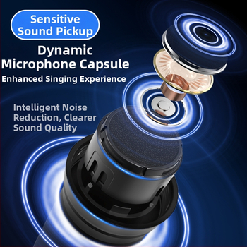 Bezvadu mikrofons ar reverberāciju un regulējamu augstu un zemā basu skaņai mājas un KTV lietošanai, Bluetooth 4.0, iekšējā akumulatora jauda 800–1000 mAh, frekvenču diapazons 100 Hz–20 kHz, SNR ≥100 dB, darbības laiks 6–8 stundas