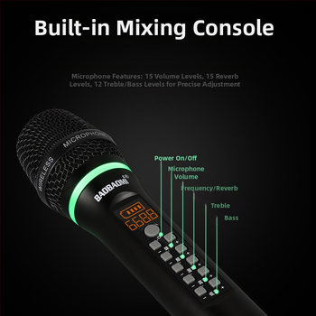 Bezvadu mikrofons ar reverberāciju un regulējamu augstu un zemā basu skaņai mājas un KTV lietošanai, Bluetooth 4.0, iekšējā akumulatora jauda 800–1000 mAh, frekvenču diapazons 100 Hz–20 kHz, SNR ≥100 dB, darbības laiks 6–8 stundas