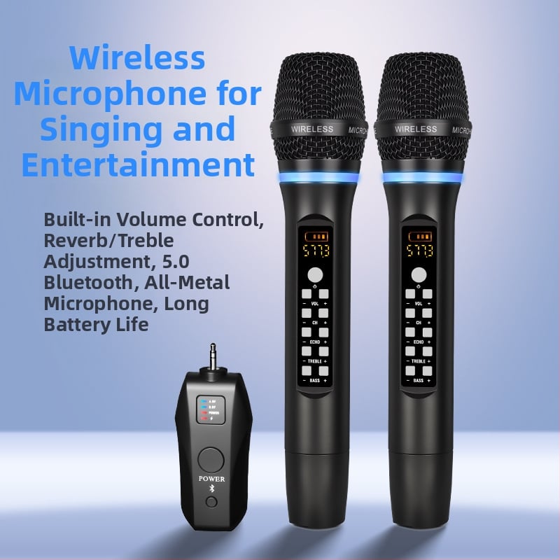 Bezvadu mikrofons ar reverberāciju un regulējamu augstu un zemā basu skaņai mājas un KTV lietošanai, Bluetooth 4.0, iekšējā akumulatora jauda 800–1000 mAh, frekvenču diapazons 100 Hz–20 kHz, SNR ≥100 dB, darbības laiks 6–8 stundas