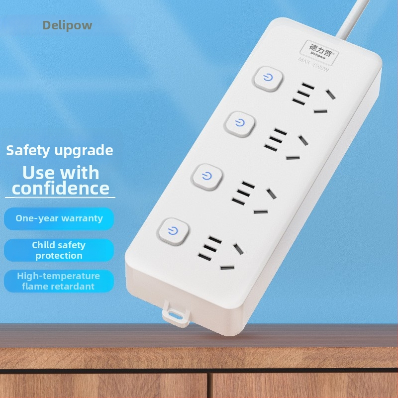 Delipu 8 lizdų kištukinė su laidu, namų ir biuro naudojimui – 220-250V, 2500W, varinis laidininkas, PP korpusas