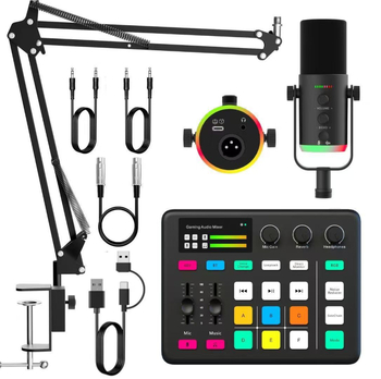 Dinamisks RGB USB mikrofons darbam pie datora straumei, trokšņu samazināšana, frekvenču diapazons 100 Hz–20 kHz, SNR ≥75 dB, Bluetooth 5.1