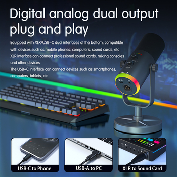 Dinamisks RGB USB mikrofons darbam pie datora straumei, trokšņu samazināšana, frekvenču diapazons 100 Hz–20 kHz, SNR ≥75 dB, Bluetooth 5.1