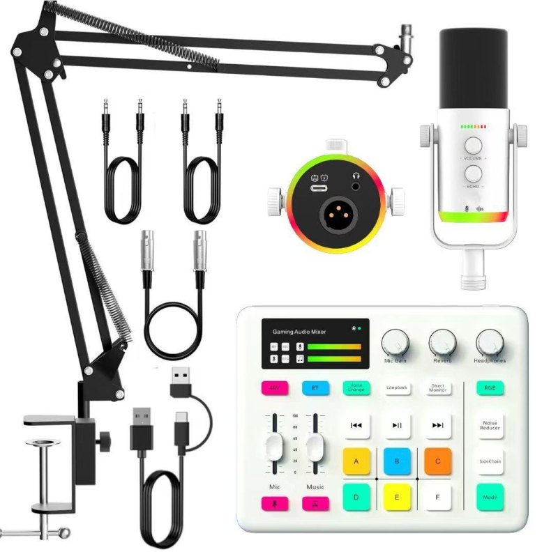 Dinamisks RGB USB mikrofons darbam pie datora straumei, trokšņu samazināšana, frekvenču diapazons 100 Hz–20 kHz, SNR ≥75 dB, Bluetooth 5.1