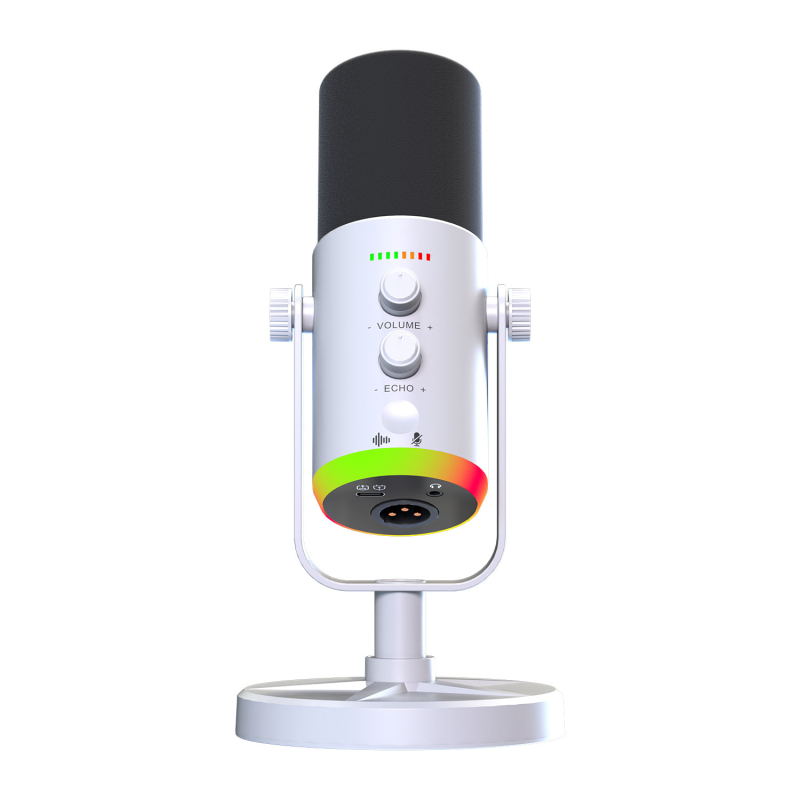 Dinamisks RGB USB mikrofons darbam pie datora straumei, trokšņu samazināšana, frekvenču diapazons 100 Hz–20 kHz, SNR ≥75 dB, Bluetooth 5.1