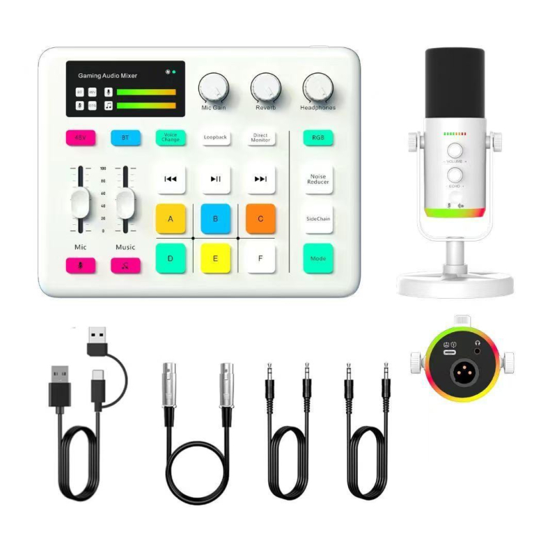 Dinamisks RGB USB mikrofons darbam pie datora straumei, trokšņu samazināšana, frekvenču diapazons 100 Hz–20 kHz, SNR ≥75 dB, Bluetooth 5.1