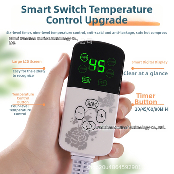 Elektrinė šildymo juosta karštam kompresui, su 11 pakopų skaitmeniniu ekranu ir automatiškai palaikoma temperatūra; galia 100W, įtampa 220V; temperatūros diapazonas 35–85°C; gryno svoris 2,5 kg; tinka keliams, pečiams, juosmeniui ir kojoms.