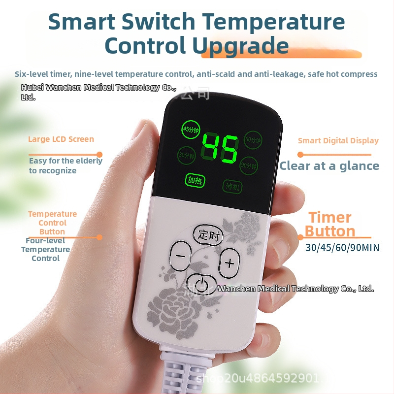 Elektrinė šildymo juosta karštam kompresui, su 11 pakopų skaitmeniniu ekranu ir automatiškai palaikoma temperatūra; galia 100W, įtampa 220V; temperatūros diapazonas 35–85°C; gryno svoris 2,5 kg; tinka keliams, pečiams, juosmeniui ir kojoms.
