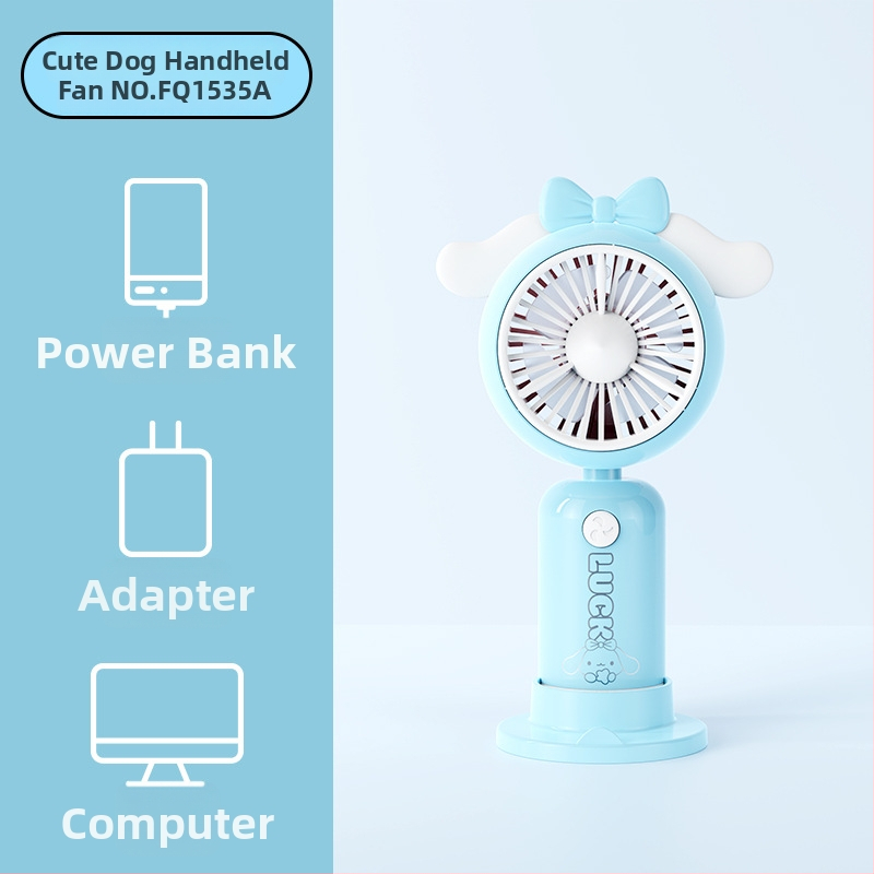 Rokas karikatūras dizaina pūtējs ar drukātu rokturi un karikatūras ausīm, uzlādējams, iebūvēta akumulatora kapacitāte 100-300 mAh, 5V, 5W, troksnis 36-45 dB, akumulatora darbības laiks 0-1 h