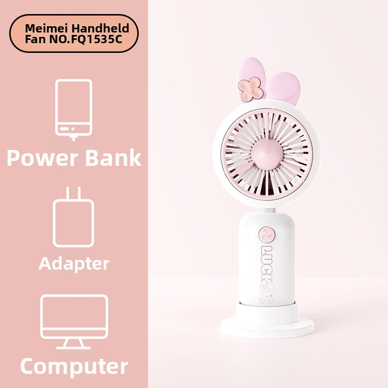 Rokas karikatūras dizaina pūtējs ar drukātu rokturi un karikatūras ausīm, uzlādējams, iebūvēta akumulatora kapacitāte 100-300 mAh, 5V, 5W, troksnis 36-45 dB, akumulatora darbības laiks 0-1 h