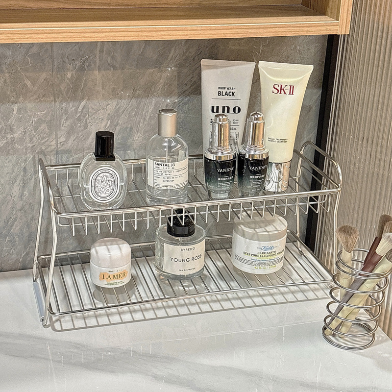 Raft de depozitare pentru baie din oțel inoxidabil, două niveluri, organizator de masă, mobil, rezistent la coroziune, fără montaj