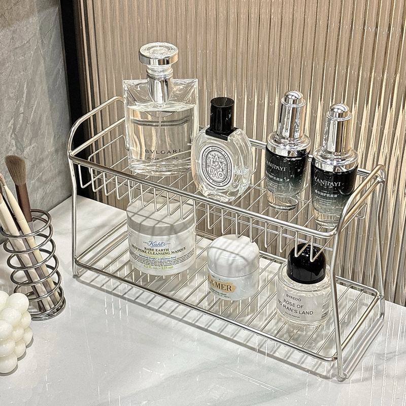 Raft de depozitare pentru baie din oțel inoxidabil, două niveluri, organizator de masă, mobil, rezistent la coroziune, fără montaj