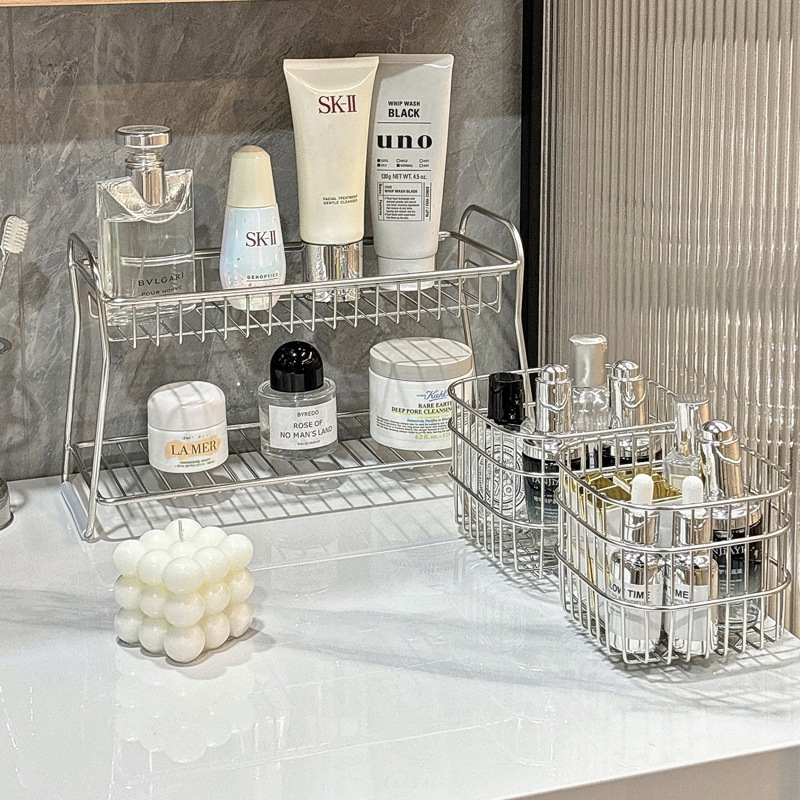 Raft de depozitare pentru baie din oțel inoxidabil, două niveluri, organizator de masă, mobil, rezistent la coroziune, fără montaj