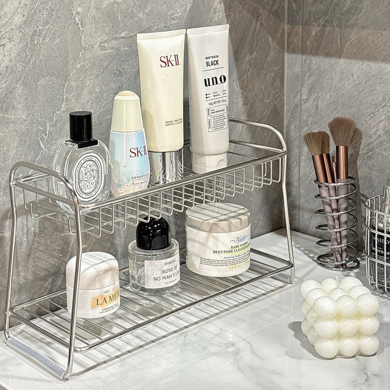 Raft de depozitare pentru baie din oțel inoxidabil, două niveluri, organizator de masă, mobil, rezistent la coroziune, fără montaj