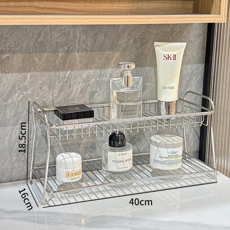 Raft de depozitare pentru baie din oțel inoxidabil, două niveluri, organizator de masă, mobil, rezistent la coroziune, fără montaj